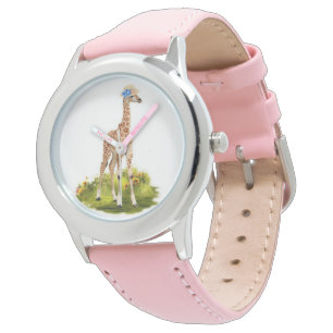 Kinder Giraffe in Blue Flower Pet Pink Watch Horloge