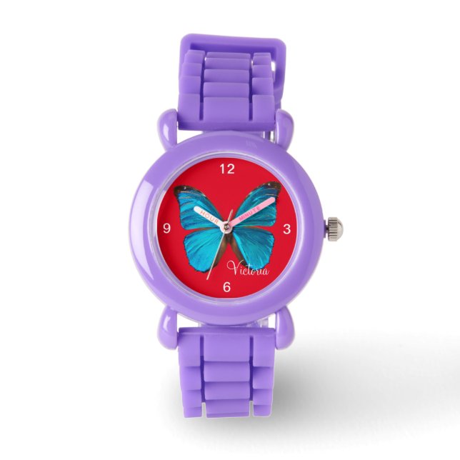 Kinder glitterriem Cute Blue Butterfly Watch Horloge (Voorkant)