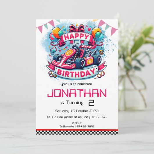 Kinder Go Kart Verjaardagsuitnodiging Kaart (Staand voorkant)