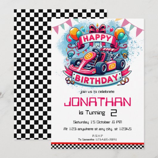 Kinder Go Kart Verjaardagsuitnodiging Kaart (Voorkant / Achterkant)