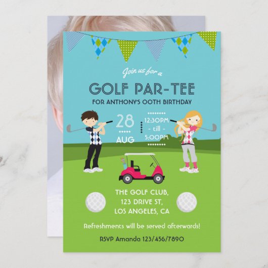 Kinder Golf Theme Birthday Party Fotouitnodiging Kaart (Voorkant / Achterkant)