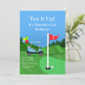 Kinder golfkar op cursusverjaardag kaart (Staand voorkant)