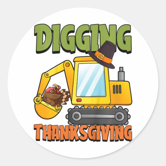 Kinder gravende Thanksgiving Dag Cool Excavator Tu Ronde Sticker (Voorkant)