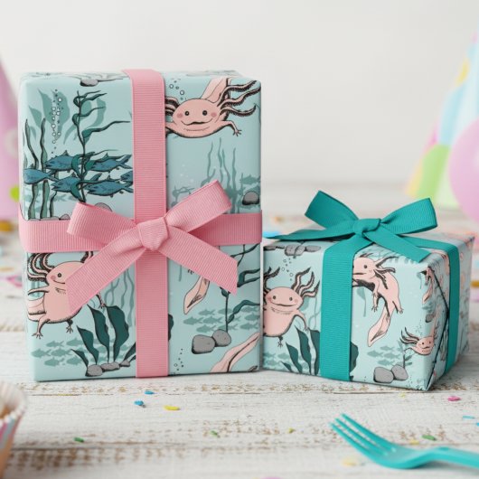 Kinder Groene & Blush Roze Onderwater Axolotl Teke Cadeaupapier