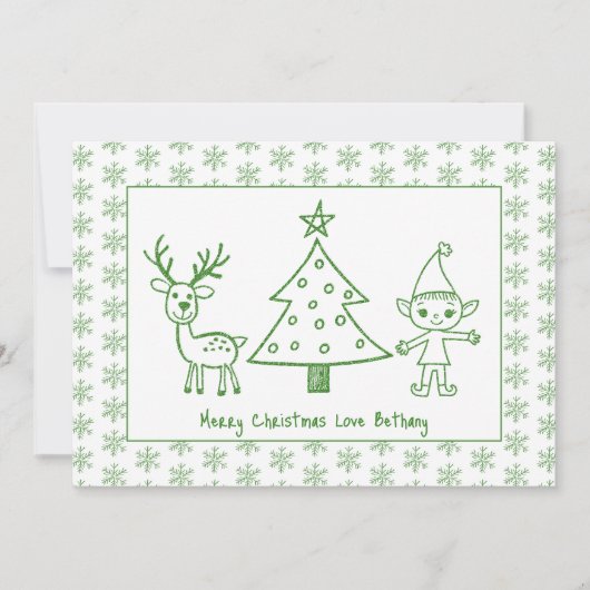 Kinder Groene Glitter Scribble Art Vrolijk Kerstfe Feestdagenkaart (Voorkant)