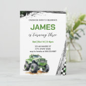 Kinder groene monstertrucks zijn jarig kaart (Staand voorkant)