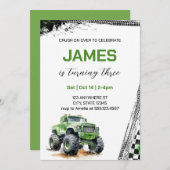 Kinder groene monstertrucks zijn jarig kaart (Voorkant / Achterkant)