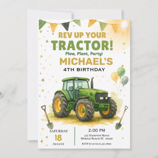 Kinder groene tractor verjaardagsfeestje kaart (Voorkant)