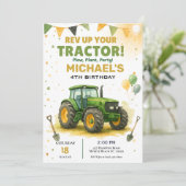 Kinder groene tractor verjaardagsfeestje kaart (Staand voorkant)