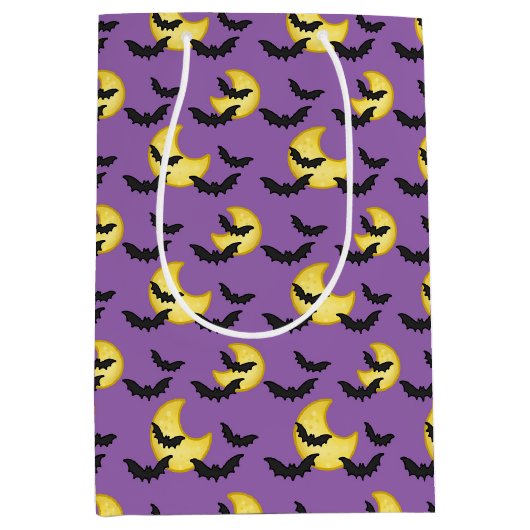 Kinder Halloween Bats Flying Crescent Moon Paars Medium Cadeauzakje (Voorkant)