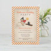 Kinder Halloween Birthday Party Cute Witch Broom C Kaart (Staand voorkant)