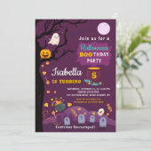 Kinder Halloween Birthday Party Paars Black Kaart (Staand voorkant)