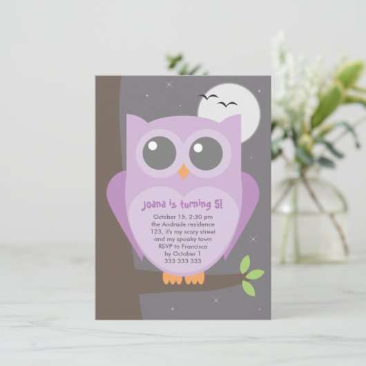 Kinder Halloween Birthday Party Paarse Owl Tree Kaart (Staand voorkant)