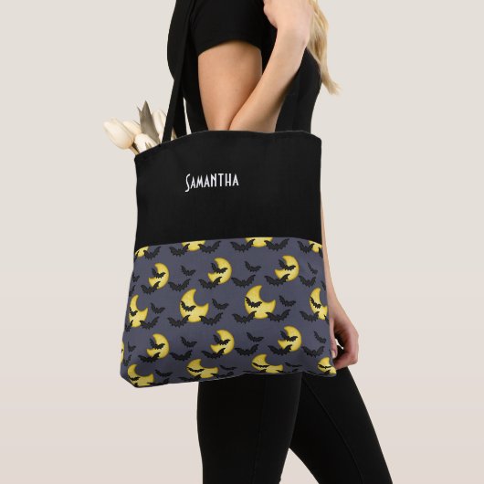 Kinder Halloween Black Bats Flying Moon Night Name Tote Bag (Dichtbij)