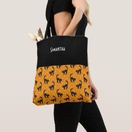 Kinder Halloween Black Cats Oranje Stippen Naam Tote Bag