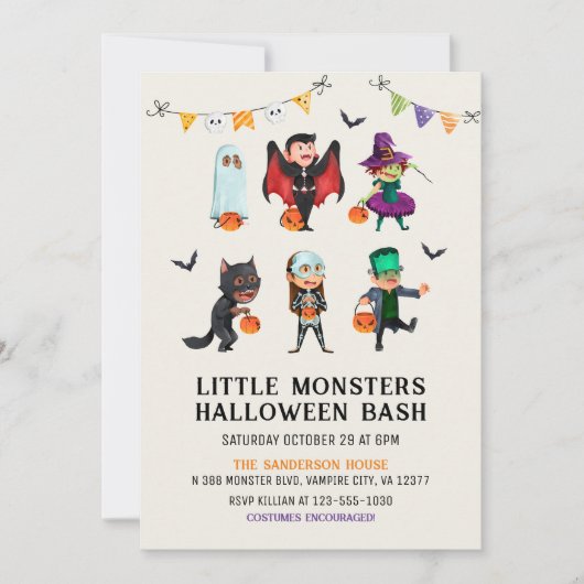 Kinder Halloween Kostuum Feestuitnodiging, Verjaar Kaart (Voorkant)