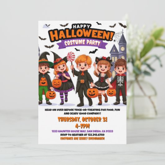 Kinder Halloween Kostuumfeest Bewerkbaar Kaart (Staand voorkant)