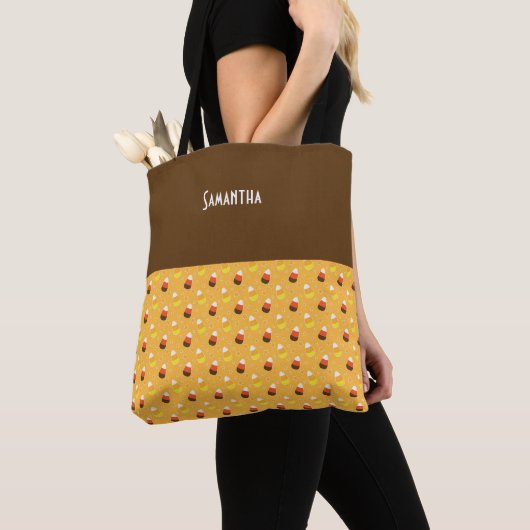 Kinder Halloween Oranje Candy Corn Stars Naam Tote Bag (Dichtbij)