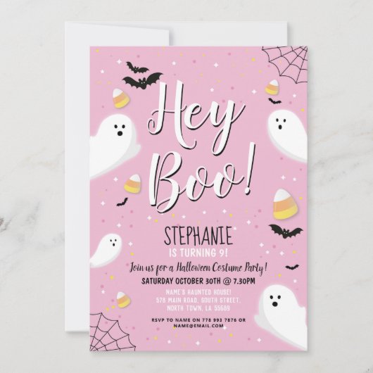 Kinder Halloween Party Costume Hey Boo Ghost Pink Kaart (Voorkant)