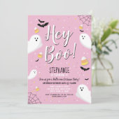 Kinder Halloween Party Costume Hey Boo Ghost Pink Kaart (Staand voorkant)