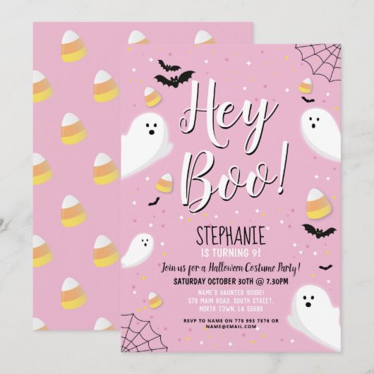 Kinder Halloween Party Costume Hey Boo Ghost Pink Kaart (Voorkant / Achterkant)