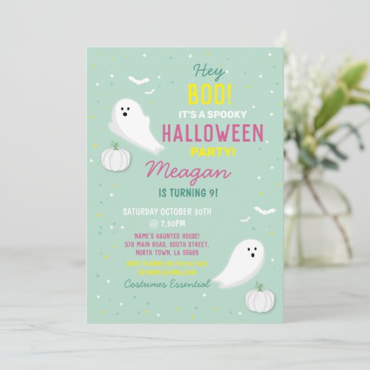 Kinder Halloween Party Mint Ghosts Pumpkin Kaart (Staand voorkant)