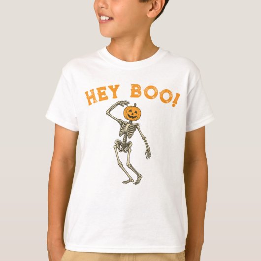 Kinder Halloween Skeleton Pumpkin Head "Hey Boo!" T-shirt (Voorkant)