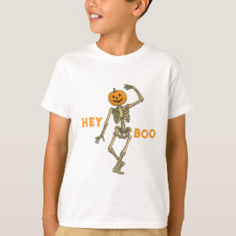 Kinder Halloween Skeleton Pumpkin Head "Hey Boo!"  T-shirt
