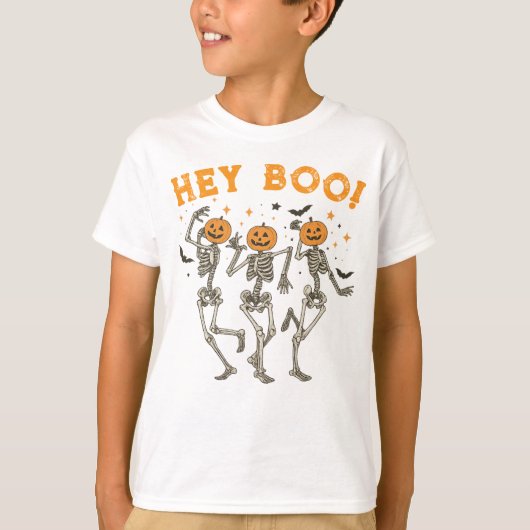 Kinder Halloween Skeleton Pumpkin Head "Hey Boo!" T-shirt (Voorkant)
