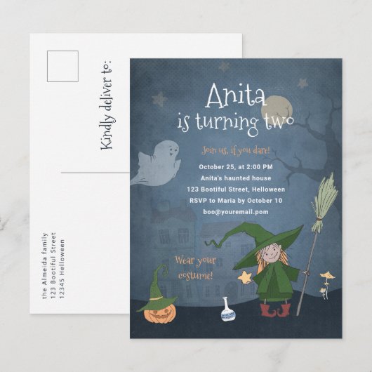 Kinder Halloween Verjaardagsfeest Kinderen Meisje  Uitnodiging Briefkaart (Voorkant / Achterkant)