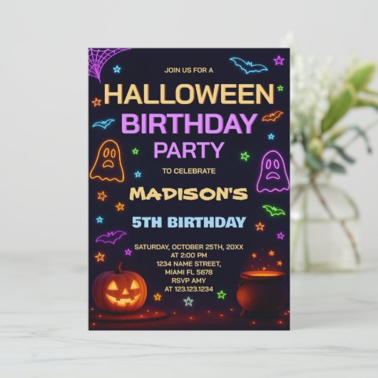 Kinder Halloween verjaardagsuitnodiging | Boo Bash Kaart (Staand voorkant)