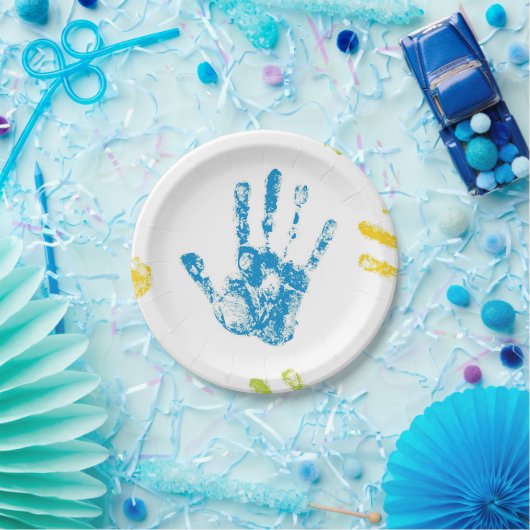 Kinder handafdrukken in verf papieren bordje (Feest)