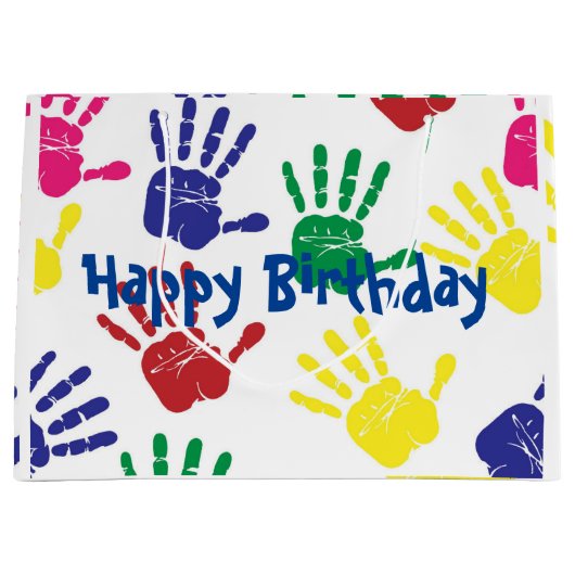 Kinder handdruk Happy Birthday-cadeautas - groot Groot Cadeauzakje (Voorkant)