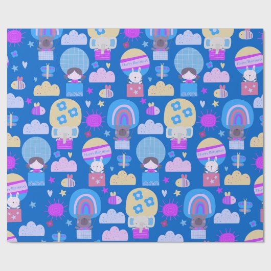 Kinder Happy Birthday Blue Roze met koele dieren Cadeaupapier (Vlak)