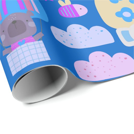 Kinder Happy Birthday Blue Roze met koele dieren Cadeaupapier (Rol Hoek)