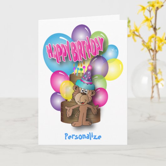 Kinder Happy Birthday | Cute Monkey Kaart (Gele Bloem)