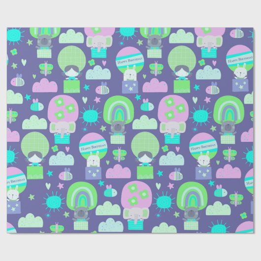 Kinder Happy Birthday Paars roze kalveren Cadeaupapier (Vlak)