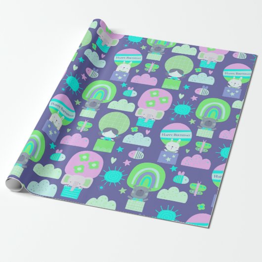 Kinder Happy Birthday Paars roze kalveren Cadeaupapier (Uitgerold)