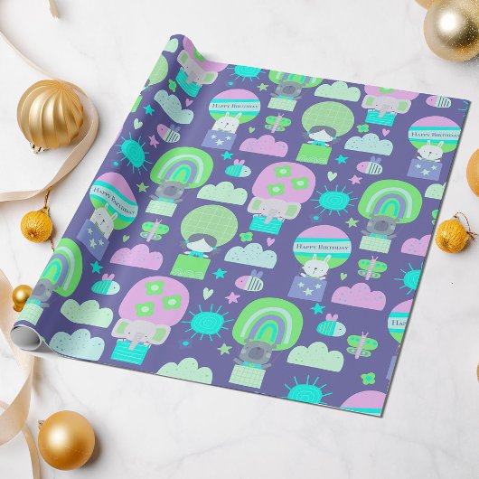 Kinder Happy Birthday Paars roze kalveren Cadeaupapier