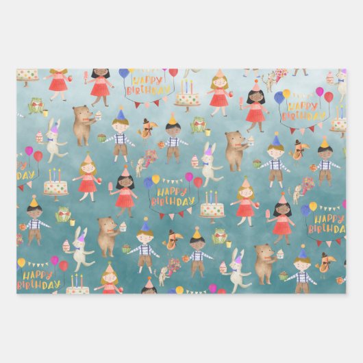 Kinder Happy Birthday Party Inclusief etnische afk Inpakpapier Vel (Voorkant 3)