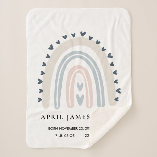 KINDER HARTS BLUSH BLUE RAINBOW BABY BIRTH STATS SHERPA DEKEN (Voorkant)