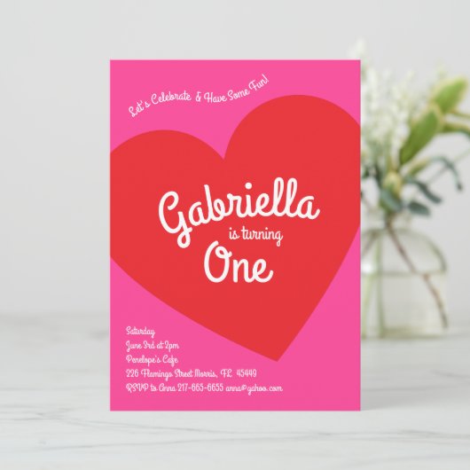 Kinder hartslag 1e verjaardag Roze en rood Kaart (Staand voorkant)