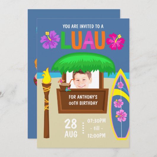 Kinder Hawaiian Luau Partij foto Uitnodiging (Voorkant / Achterkant)