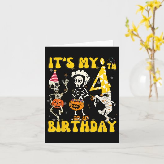 Kinder Het is Mijn 4e Verjaardag Boy Funny Skeleto Kaart (Gele Bloem)