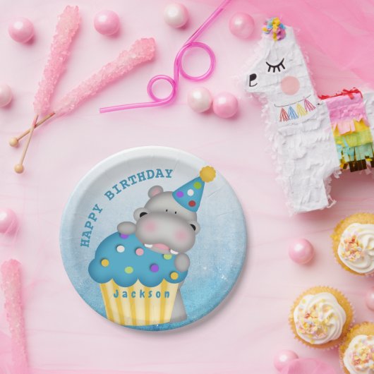 Kinder Hippo Birthday Cupcake Sprinkles Gepersonal Papieren Bordje (Feest)