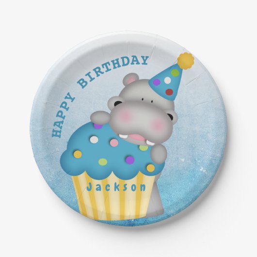 Kinder Hippo Birthday Cupcake Sprinkles Gepersonal Papieren Bordje (Voorkant)