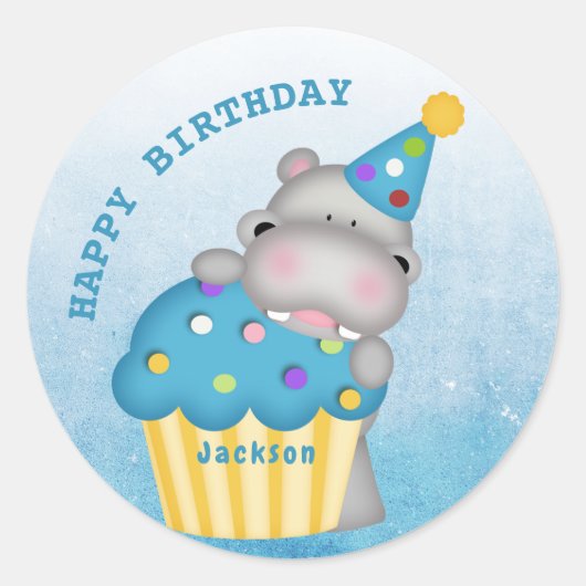 Kinder Hippo Birthday Cupcake Sprinkles Gepersonal Ronde Sticker (Voorkant)