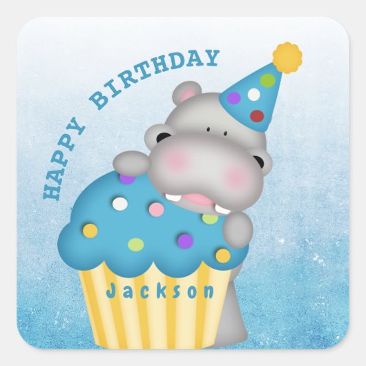 Kinder Hippo Birthday Cupcake Sprinkles Gepersonal Vierkante Sticker (Voorkant)