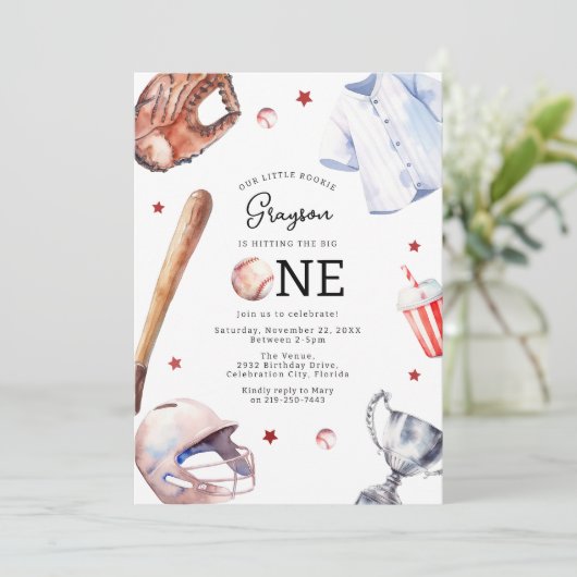 Kinder honkbal eerste verjaardag partij kaart (Staand voorkant)