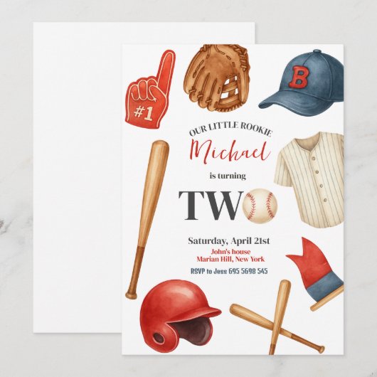 Kinder honkbal uitnodiging voor 2e verjaardagsfees (Voorkant / Achterkant)